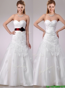 Decent A Line Brush Train Beaded and Applique Wedding Dress with Sash