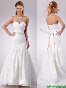 Elegant Mermaid Beaded and Bowknot Laced Wedding Dress with Brush Train