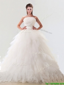 Fashionable Strapless Tulle Wedding Gown with Beading and Ruffles