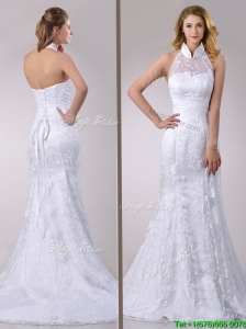 Most Popular Halter Top Mermaid Lace Wedding Dress with Brush Train for 2016