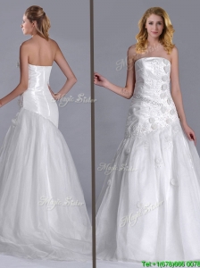 Popular Column Brush Train Wedding Dress with Beading and Hand Crafted