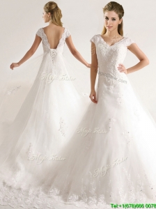 Romantic Laced and Applique Short Sleeves Wedding Dresses with Court Train