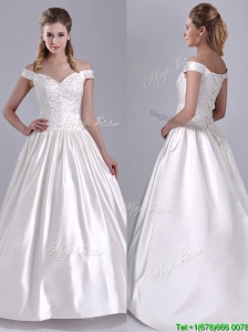 Ball Gown Off the Shoulder Brush Train Beaded Beautiful Wedding Dress in Satin
