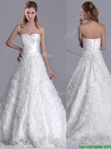 Beautiful A Line Brush Train Ruched Wedding Gown with Rolling Flowers