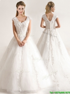 Beautiful A Line Tull Short Sleeves Wedding Dresses with Beading and Appliques