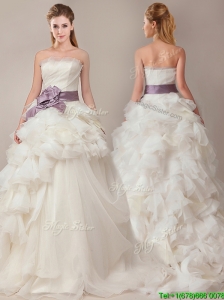 Beautiful Ball Gown Strapless Sophisticated Ruffled and Sashed Wedding Dresses with Brush Train