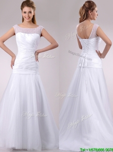 Beautiful Column Cap Sleeves Beaded and Ruched Wedding Dress in Tulle