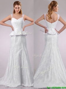 Beautiful Column V Neck Court Train Wedding Dress in Lace