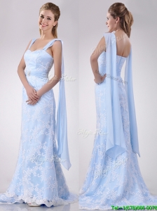 Beautiful Mermaid Beaded and Laced Light Blue Wedding Dress with Brush Train