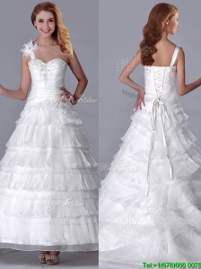 Beautiful One Shoulder Organza Brush Train Wedding Dress with Beading and Ruffled Layers