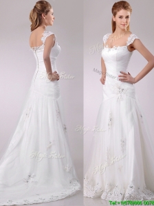 Beautiful Square Tulle Mermaid Brush Train Wedding Dress with Beading