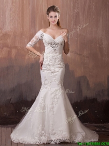 Beautiful V Neck Half Sleeves Mermaid Wedding Dress with Beading and Lace for 2016