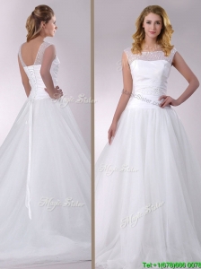 Popular A Line Scoop Court Train Tulle Wedding Dress with Beading