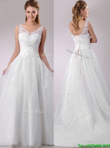Popular A Line V Neck Court Train Beaded Wedding Dress in Tulle