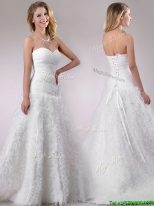 Popular Beaded and Ruffled Rolling Flowers Wedding Dress with Brush Train