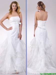 Popular Column Strapless Brush Train Beaded Bridal Dress in Organza