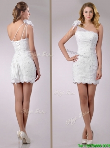 Popular One Shoulder Lace Short Bridal Dress with Beading