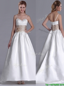 Popular Spaghetti Straps Brush Train Wedding Dress with Belt and Handmade Flowers