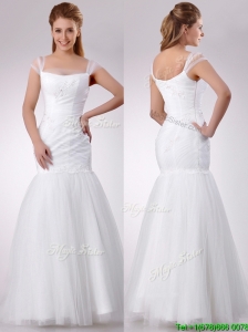 Popular Square Mermaid Applique Side Zipper Wedding Dress in Tulle