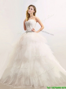 Popular  Strapless Feathered and Beaded Wedding Dresses in Tulle