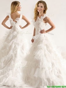 Popular Applique and Ruffled Layers Wedding Dresses with Deep V Neck