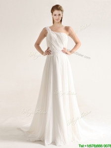 Popular One Shoulder Court Train Wedding Dresses with Beading and Ruching