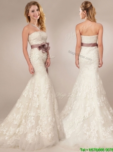 Classical Mermaid Strapless Side Zipper Wedding Dresses with Lace and Sashes