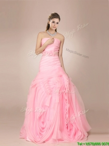 Lovely Mermaid Baby Pink Wedding Dresses with Ribbons and Rolling Flower