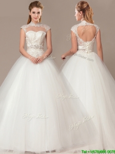 See Through Beaded Decorate Waist High Neck Shade Back Wedding Dresses with Appliques