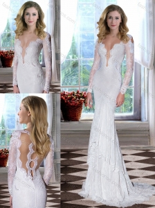 Beautiful Column Brush Train Long Sleeves Wedding Dress with Lace