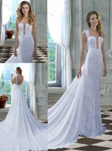 Beautiful Column Square Chapel Train Lace and Chiffon White Wedding Dress for Outdoor