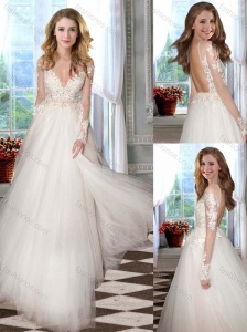 Beautiful Empire V Neck Tulle Long Lace Wedding Dress with Long Sleeves