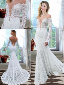 Fashionable Column Brush Train Long Sleeves Lace Wedding Dress with Off the Shoulder