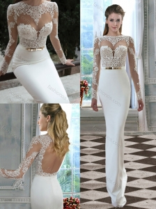 See Through Column Bateau Lace Open Back Wedding Dress with Long Sleeves