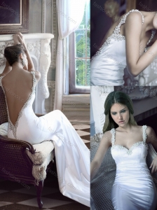 Sexy Column Straps Elastic Woven Satin Backless Wedding Dress with Beading