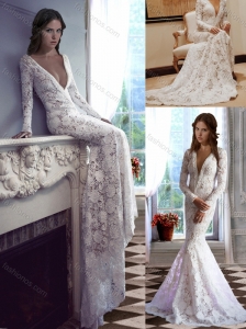 Sexy Mermaid Deep V Neck Brush Train Lace Wedding Dress with Long Sleeves