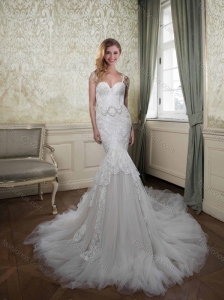 Sexy Mermaid Straps Tulle Lace Wedding Dress with Chapel Train