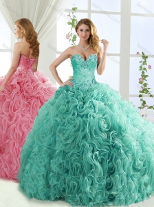 Popular Rolling Flower Mint Detachable Quinceanera Skirt with Brush Train