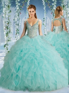 Discount Hot Beaded Decorated Cap Sleeves Quinceanera Dress with Deep V Neck