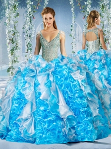 New Arrival Blue and White Quinceanera Dress in Beaded Decorated Cap Sleeves