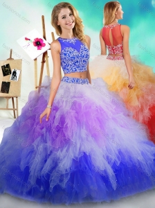 New Arrival See Through Beaded and Ruffled Quinceanera Dress in Rainbow Colored