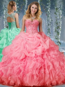 Organza Big Puffy Watermelon Perfect Quinceanera Dresswith Beading and Ruffles