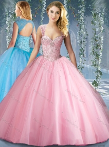 Perfect Pink Big Puffy Beaded Quinceanera Dress with Brush Train