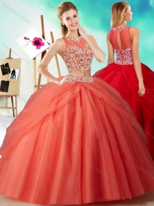 Two Piece See Through Beaded Discount Quinceanera Dress in Orange Red