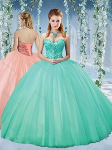 Unique Taffeta Beaded Puffy Skirt Quinceanera Dress in Turquoise