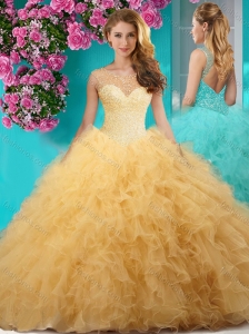 Delicate See Through Scoop Big Puffy 15 Quinceanera Gown with Beading and Ruffles