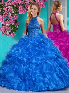 Beautiful Halter Top Beaded and Ruffled Quinceanera Dress in Royal Blue