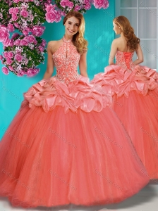 Discount Beaded and Ruffled Big Puffy Quinceanera Dress with Halter Top