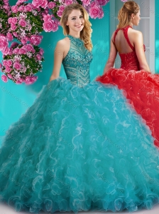 Cheap Halter Top Beaded and Ruffled Quinceanera Dress with Puffy Skirt