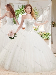 Discount White Ball Gown Sweetheart Court Train Beaded Quinceanera Dress in Tulle
